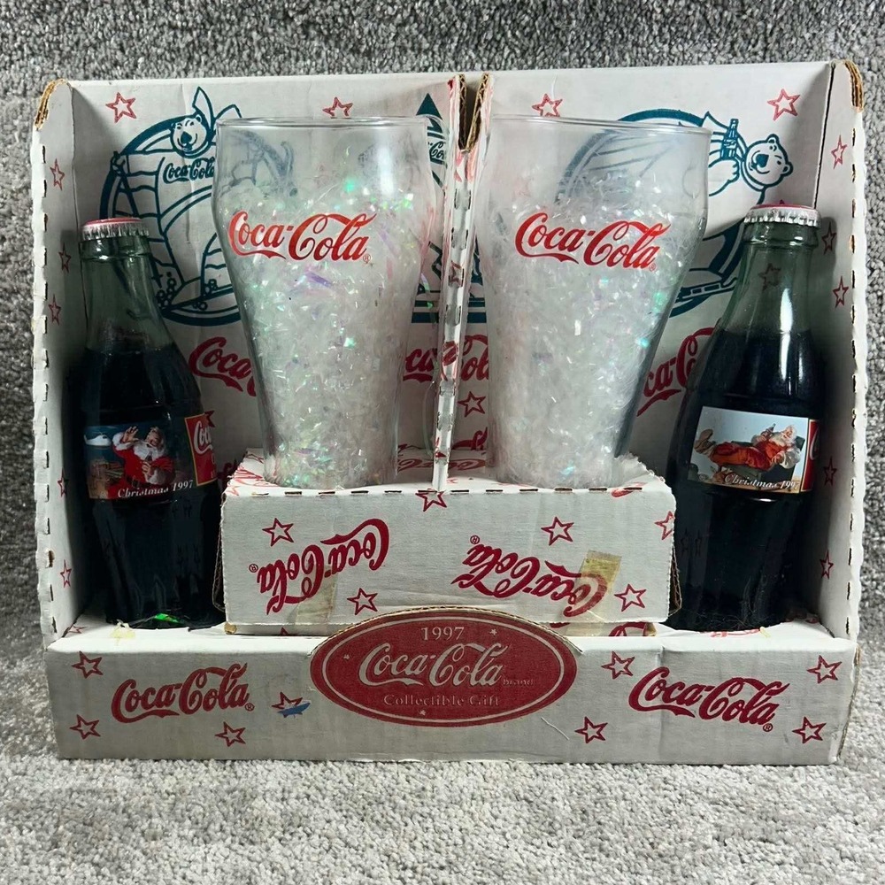 Coca-Cola Collectible Gift Set Red 1997 Holiday Santa Bottles & Glasses Vintage